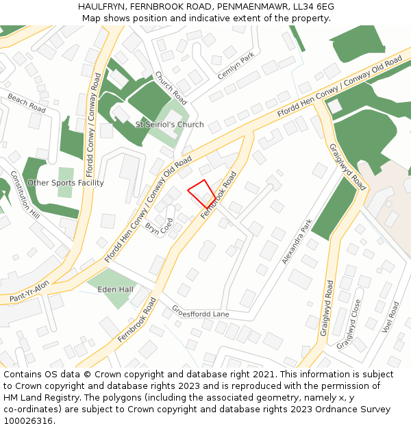 HAULFRYN, FERNBROOK ROAD, PENMAENMAWR, LL34 6EG: Location map and indicative extent of plot