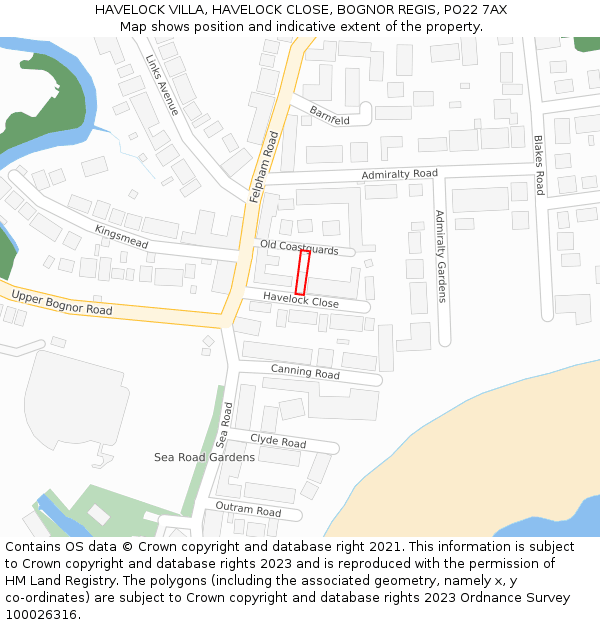 HAVELOCK VILLA, HAVELOCK CLOSE, BOGNOR REGIS, PO22 7AX: Location map and indicative extent of plot