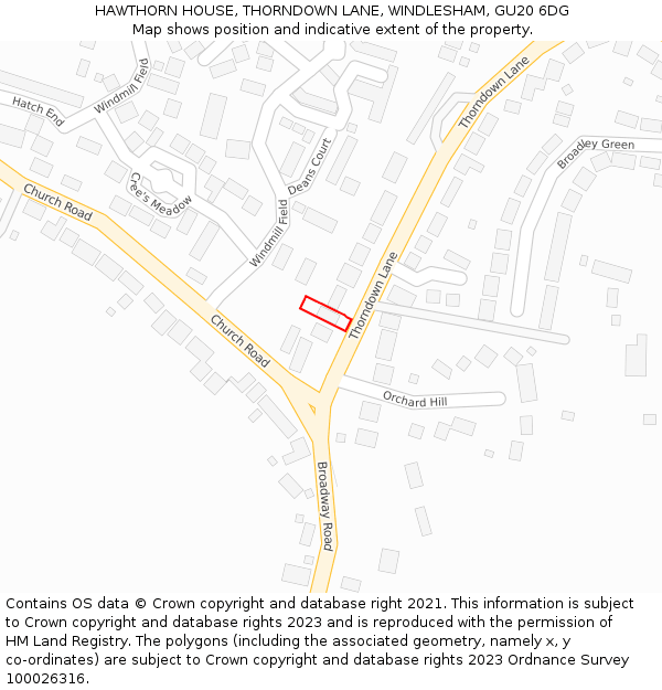 HAWTHORN HOUSE, THORNDOWN LANE, WINDLESHAM, GU20 6DG: Location map and indicative extent of plot