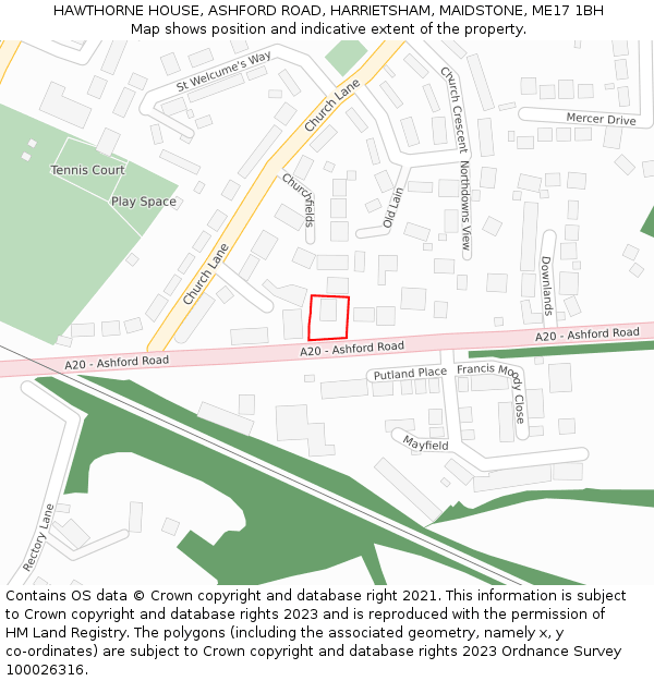 HAWTHORNE HOUSE, ASHFORD ROAD, HARRIETSHAM, MAIDSTONE, ME17 1BH: Location map and indicative extent of plot