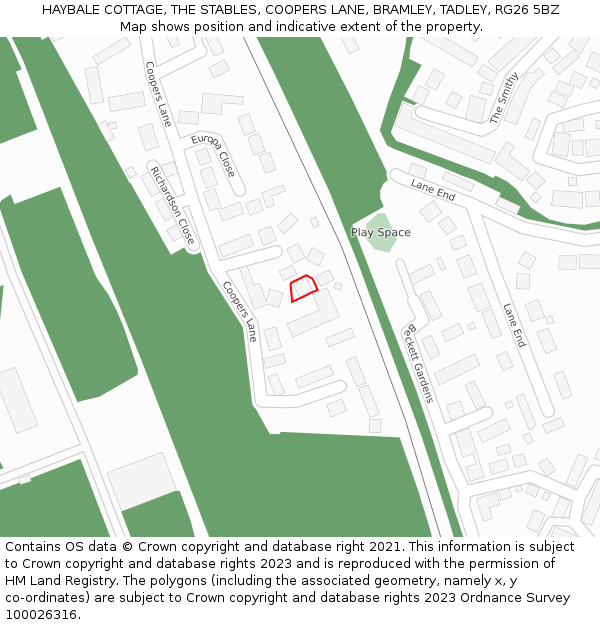 HAYBALE COTTAGE, THE STABLES, COOPERS LANE, BRAMLEY, TADLEY, RG26 5BZ: Location map and indicative extent of plot