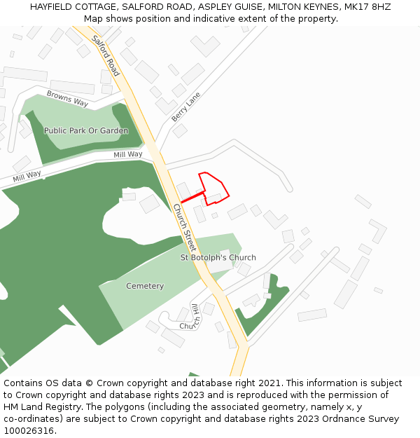 HAYFIELD COTTAGE, SALFORD ROAD, ASPLEY GUISE, MILTON KEYNES, MK17 8HZ: Location map and indicative extent of plot