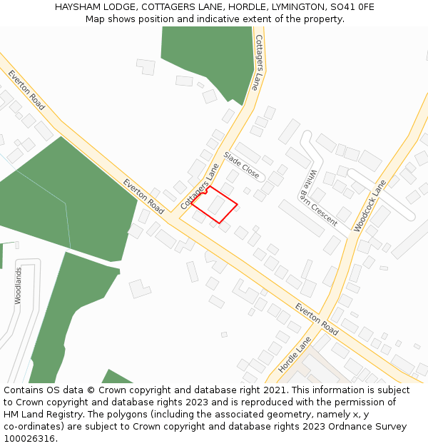 HAYSHAM LODGE, COTTAGERS LANE, HORDLE, LYMINGTON, SO41 0FE: Location map and indicative extent of plot