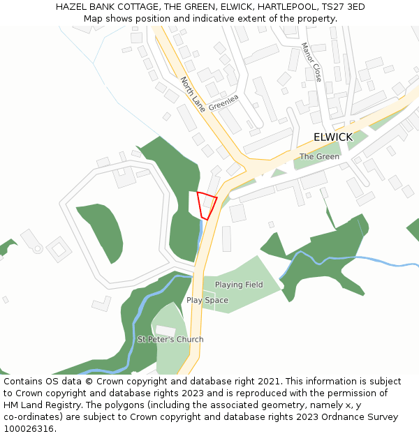 HAZEL BANK COTTAGE, THE GREEN, ELWICK, HARTLEPOOL, TS27 3ED: Location map and indicative extent of plot