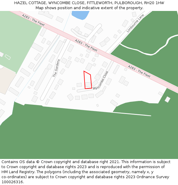 HAZEL COTTAGE, WYNCOMBE CLOSE, FITTLEWORTH, PULBOROUGH, RH20 1HW: Location map and indicative extent of plot