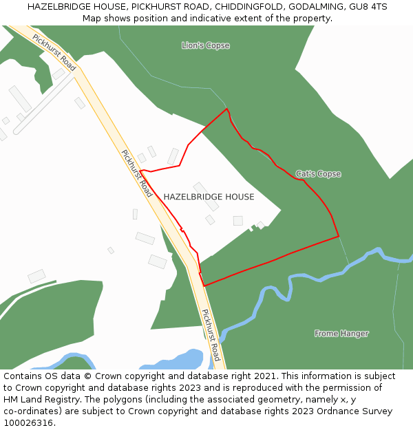 HAZELBRIDGE HOUSE, PICKHURST ROAD, CHIDDINGFOLD, GODALMING, GU8 4TS: Location map and indicative extent of plot