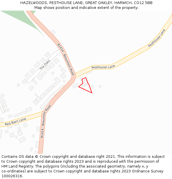 HAZELWOODS, PESTHOUSE LANE, GREAT OAKLEY, HARWICH, CO12 5BB: Location map and indicative extent of plot