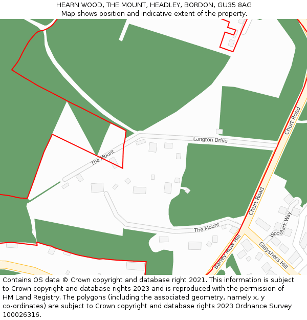 HEARN WOOD, THE MOUNT, HEADLEY, BORDON, GU35 8AG: Location map and indicative extent of plot