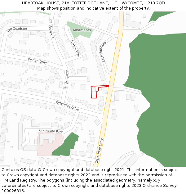 HEARTOAK HOUSE, 21A, TOTTERIDGE LANE, HIGH WYCOMBE, HP13 7QD: Location map and indicative extent of plot