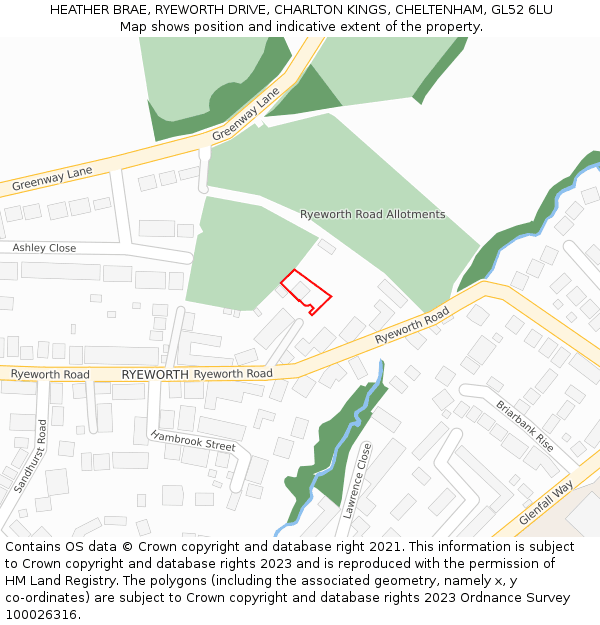 HEATHER BRAE, RYEWORTH DRIVE, CHARLTON KINGS, CHELTENHAM, GL52 6LU: Location map and indicative extent of plot