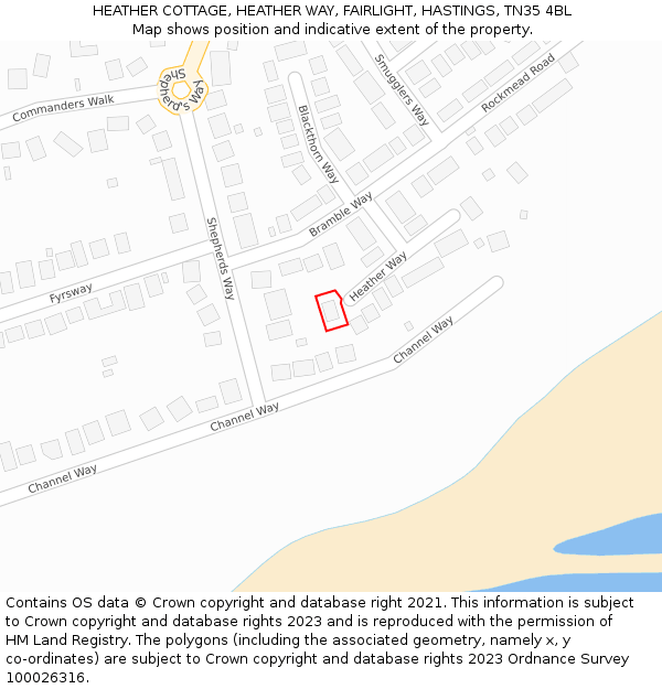 HEATHER COTTAGE, HEATHER WAY, FAIRLIGHT, HASTINGS, TN35 4BL: Location map and indicative extent of plot