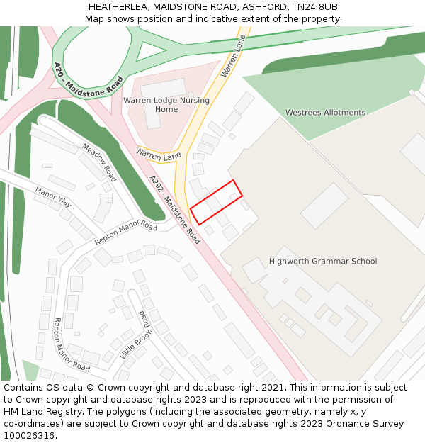 HEATHERLEA, MAIDSTONE ROAD, ASHFORD, TN24 8UB: Location map and indicative extent of plot