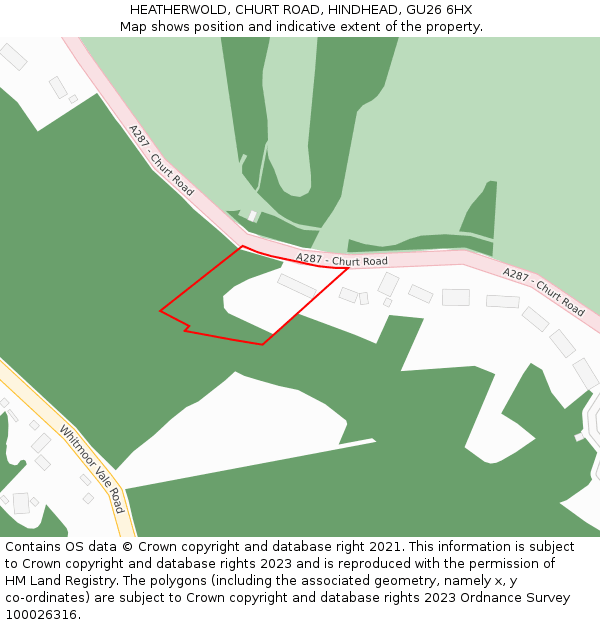 HEATHERWOLD, CHURT ROAD, HINDHEAD, GU26 6HX: Location map and indicative extent of plot