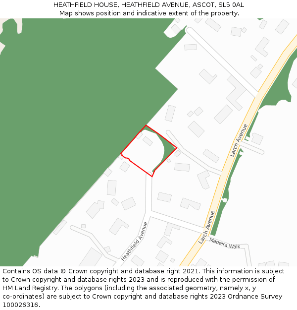 HEATHFIELD HOUSE, HEATHFIELD AVENUE, ASCOT, SL5 0AL: Location map and indicative extent of plot