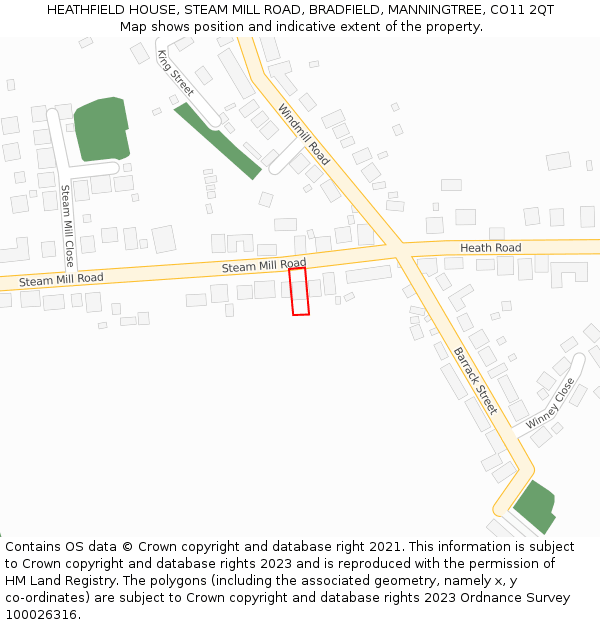 HEATHFIELD HOUSE, STEAM MILL ROAD, BRADFIELD, MANNINGTREE, CO11 2QT: Location map and indicative extent of plot