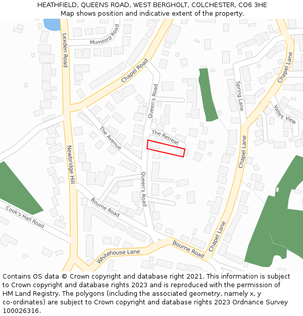 HEATHFIELD, QUEENS ROAD, WEST BERGHOLT, COLCHESTER, CO6 3HE: Location map and indicative extent of plot