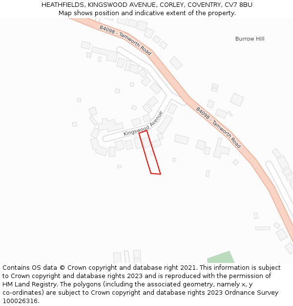 HEATHFIELDS, KINGSWOOD AVENUE, CORLEY, COVENTRY, CV7 8BU: Location map and indicative extent of plot