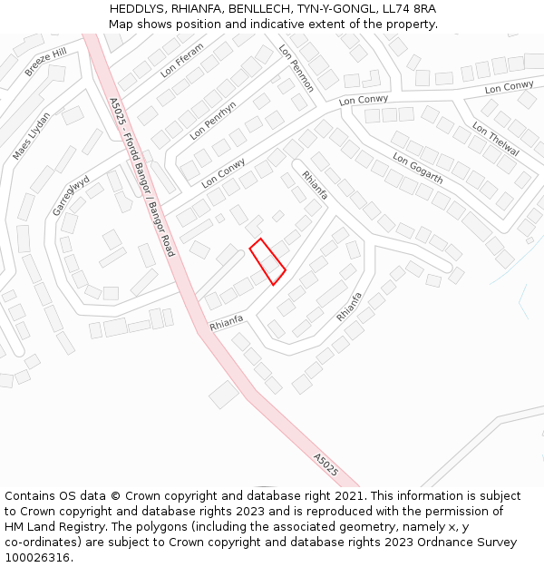 HEDDLYS, RHIANFA, BENLLECH, TYN-Y-GONGL, LL74 8RA: Location map and indicative extent of plot