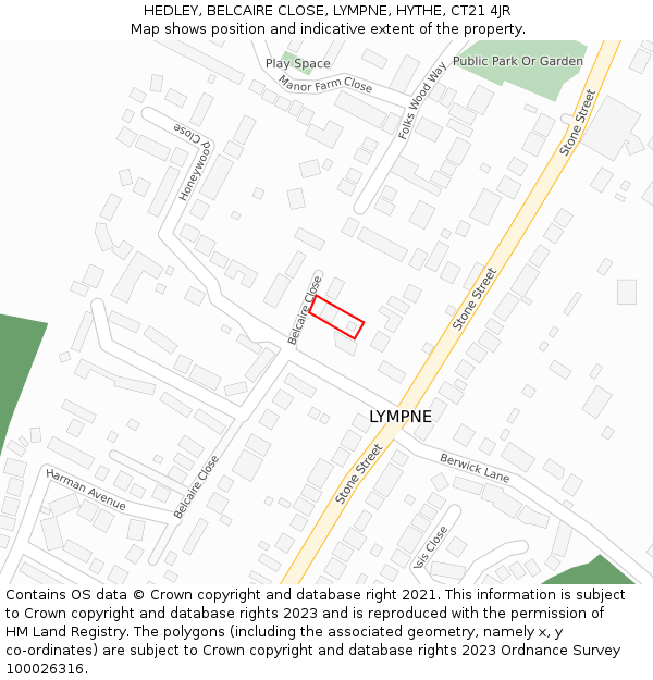 HEDLEY, BELCAIRE CLOSE, LYMPNE, HYTHE, CT21 4JR: Location map and indicative extent of plot