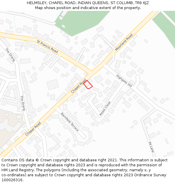 HELMSLEY, CHAPEL ROAD, INDIAN QUEENS, ST COLUMB, TR9 6JZ: Location map and indicative extent of plot