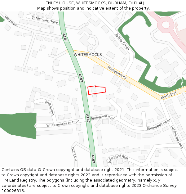 HENLEY HOUSE, WHITESMOCKS, DURHAM, DH1 4LJ: Location map and indicative extent of plot