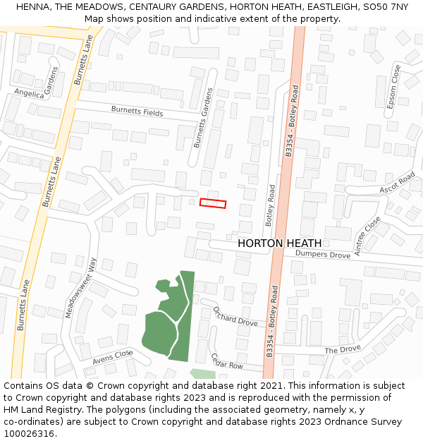 HENNA, THE MEADOWS, CENTAURY GARDENS, HORTON HEATH, EASTLEIGH, SO50 7NY: Location map and indicative extent of plot