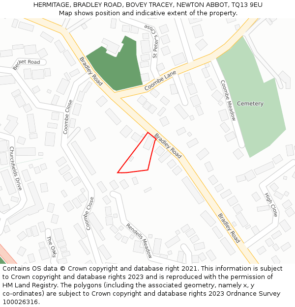 HERMITAGE, BRADLEY ROAD, BOVEY TRACEY, NEWTON ABBOT, TQ13 9EU: Location map and indicative extent of plot