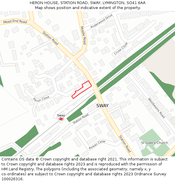 HERON HOUSE, STATION ROAD, SWAY, LYMINGTON, SO41 6AA: Location map and indicative extent of plot