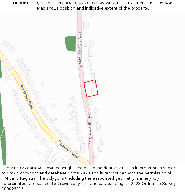 HERONFIELD, STRATFORD ROAD, WOOTTON WAWEN, HENLEY-IN-ARDEN, B95 6AR: Location map and indicative extent of plot