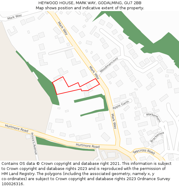 HEYWOOD HOUSE, MARK WAY, GODALMING, GU7 2BB: Location map and indicative extent of plot