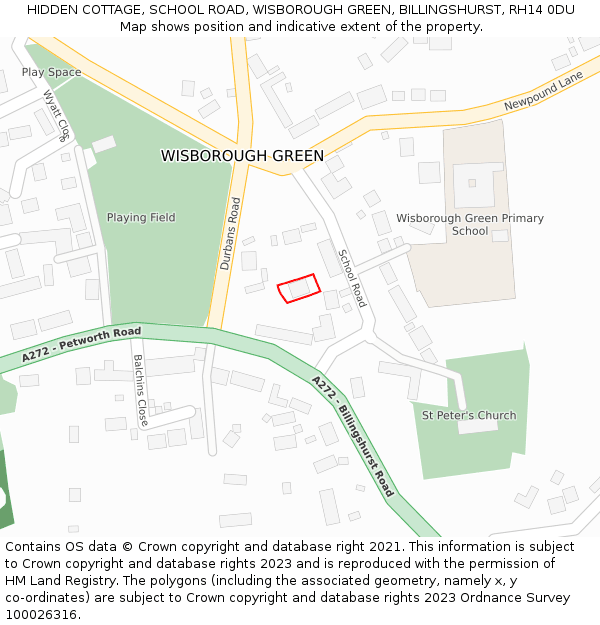 HIDDEN COTTAGE, SCHOOL ROAD, WISBOROUGH GREEN, BILLINGSHURST, RH14 0DU: Location map and indicative extent of plot