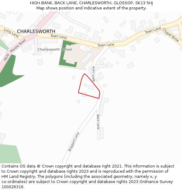 HIGH BANK, BACK LANE, CHARLESWORTH, GLOSSOP, SK13 5HJ: Location map and indicative extent of plot