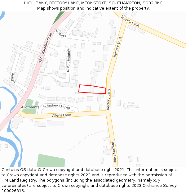 HIGH BANK, RECTORY LANE, MEONSTOKE, SOUTHAMPTON, SO32 3NF: Location map and indicative extent of plot