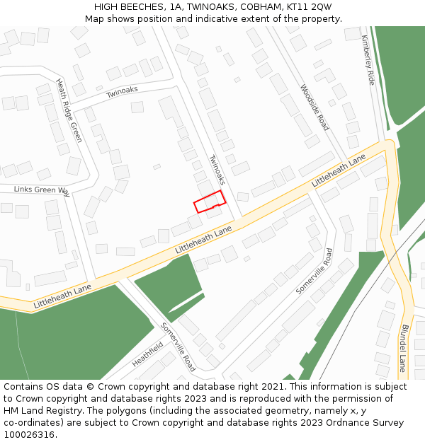 HIGH BEECHES, 1A, TWINOAKS, COBHAM, KT11 2QW: Location map and indicative extent of plot