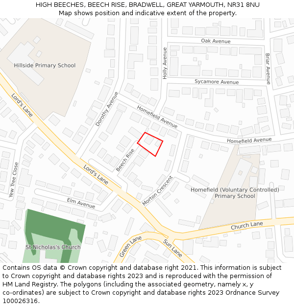 HIGH BEECHES, BEECH RISE, BRADWELL, GREAT YARMOUTH, NR31 8NU: Location map and indicative extent of plot