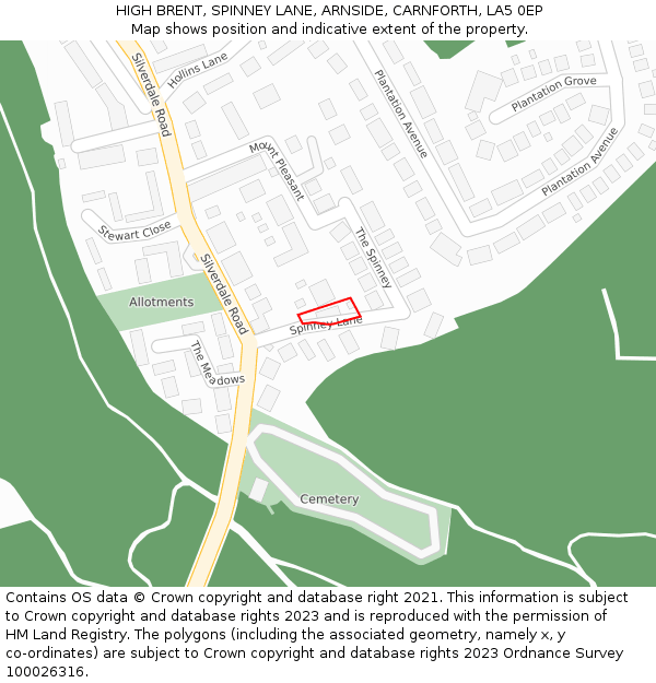 HIGH BRENT, SPINNEY LANE, ARNSIDE, CARNFORTH, LA5 0EP: Location map and indicative extent of plot