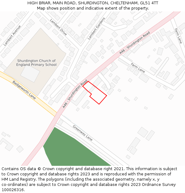 HIGH BRIAR, MAIN ROAD, SHURDINGTON, CHELTENHAM, GL51 4TT: Location map and indicative extent of plot