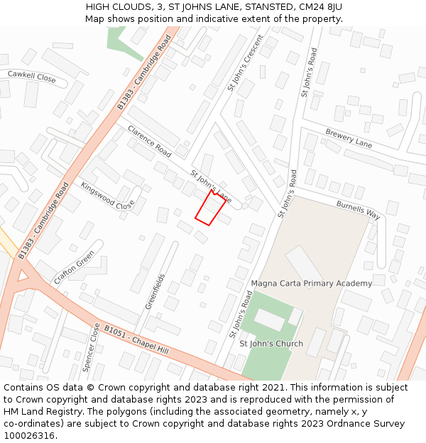 HIGH CLOUDS, 3, ST JOHNS LANE, STANSTED, CM24 8JU: Location map and indicative extent of plot