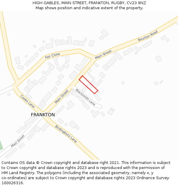 HIGH GABLES, MAIN STREET, FRANKTON, RUGBY, CV23 9NZ: Location map and indicative extent of plot