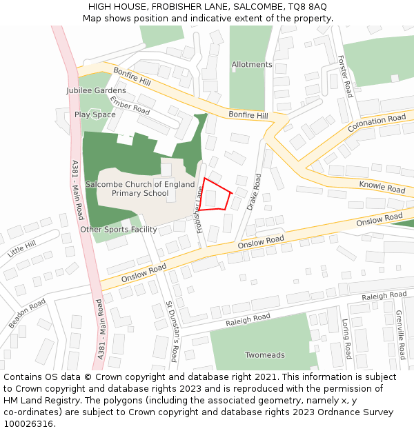 HIGH HOUSE, FROBISHER LANE, SALCOMBE, TQ8 8AQ: Location map and indicative extent of plot