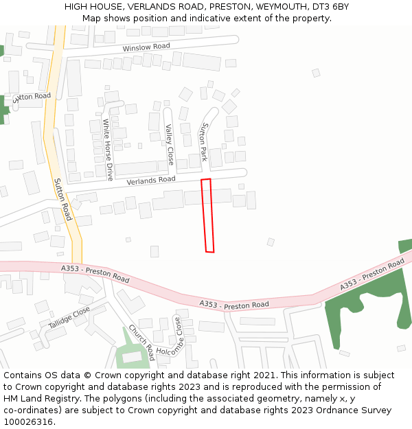 HIGH HOUSE, VERLANDS ROAD, PRESTON, WEYMOUTH, DT3 6BY: Location map and indicative extent of plot