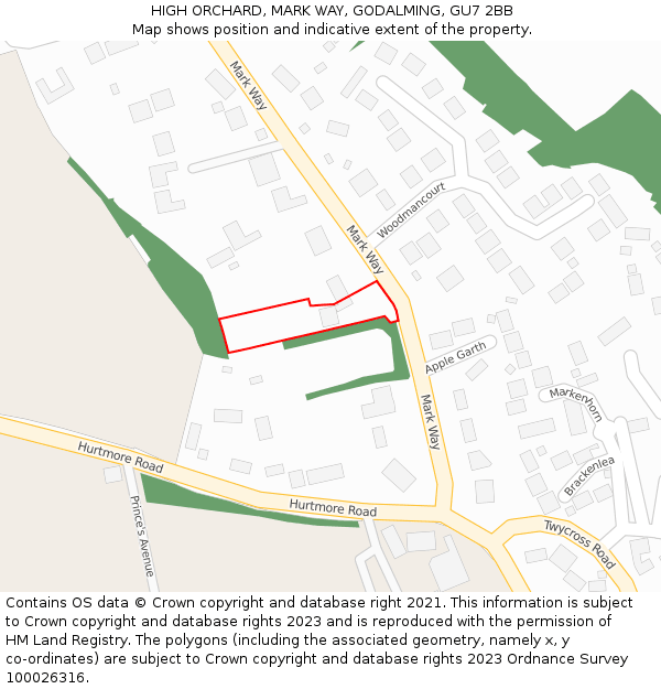 HIGH ORCHARD, MARK WAY, GODALMING, GU7 2BB: Location map and indicative extent of plot