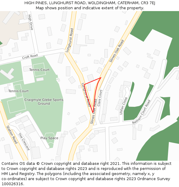 HIGH PINES, LUNGHURST ROAD, WOLDINGHAM, CATERHAM, CR3 7EJ: Location map and indicative extent of plot