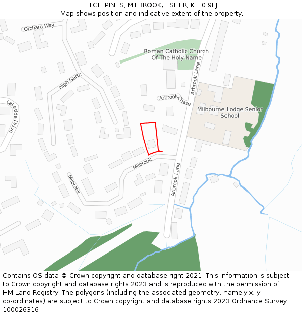 HIGH PINES, MILBROOK, ESHER, KT10 9EJ: Location map and indicative extent of plot