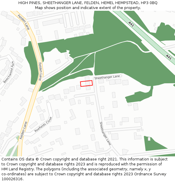 HIGH PINES, SHEETHANGER LANE, FELDEN, HEMEL HEMPSTEAD, HP3 0BQ: Location map and indicative extent of plot