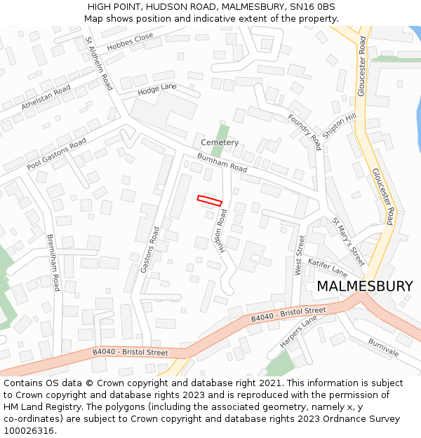 HIGH POINT, HUDSON ROAD, MALMESBURY, SN16 0BS: Location map and indicative extent of plot