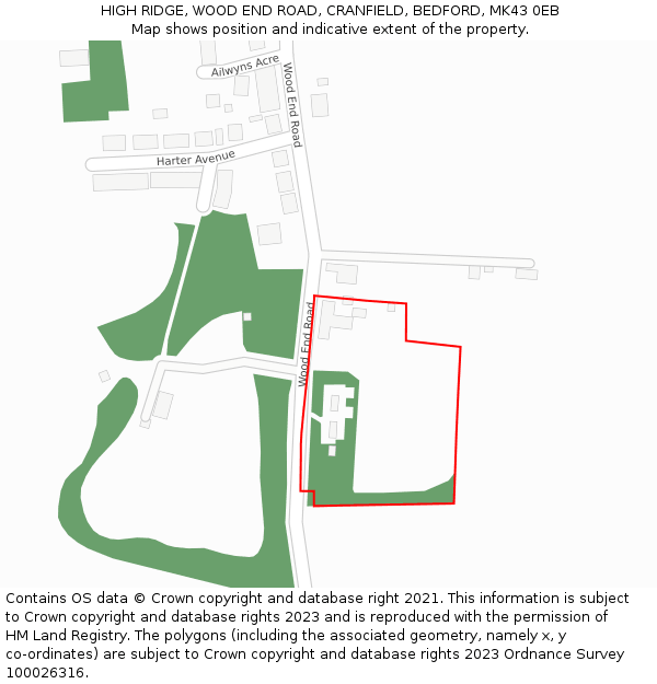 HIGH RIDGE, WOOD END ROAD, CRANFIELD, BEDFORD, MK43 0EB: Location map and indicative extent of plot