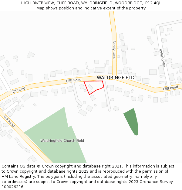 HIGH RIVER VIEW, CLIFF ROAD, WALDRINGFIELD, WOODBRIDGE, IP12 4QL: Location map and indicative extent of plot