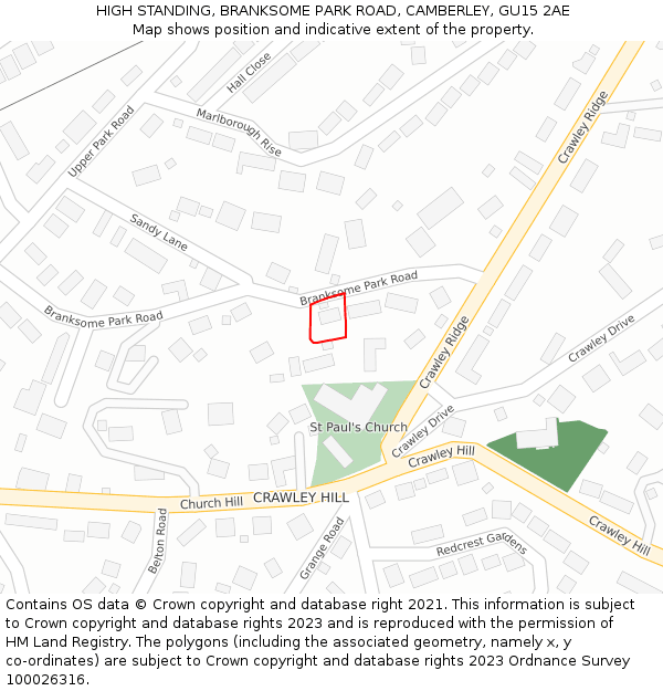 HIGH STANDING, BRANKSOME PARK ROAD, CAMBERLEY, GU15 2AE: Location map and indicative extent of plot