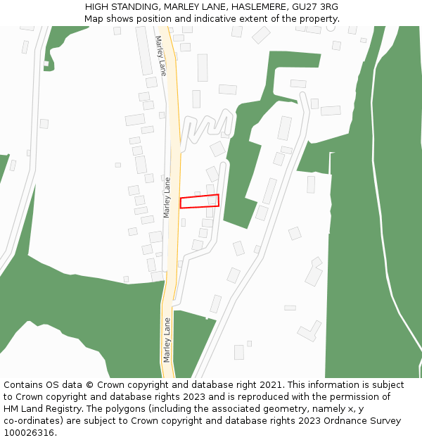 HIGH STANDING, MARLEY LANE, HASLEMERE, GU27 3RG: Location map and indicative extent of plot